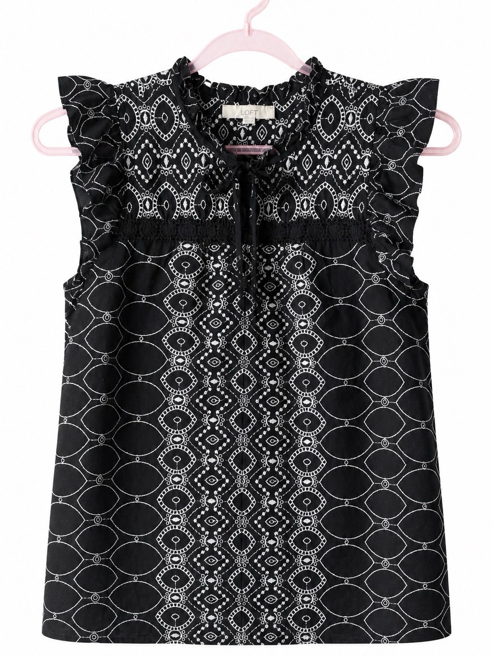 100% Cotton Black and White Embroidered Ruffle Trim Top